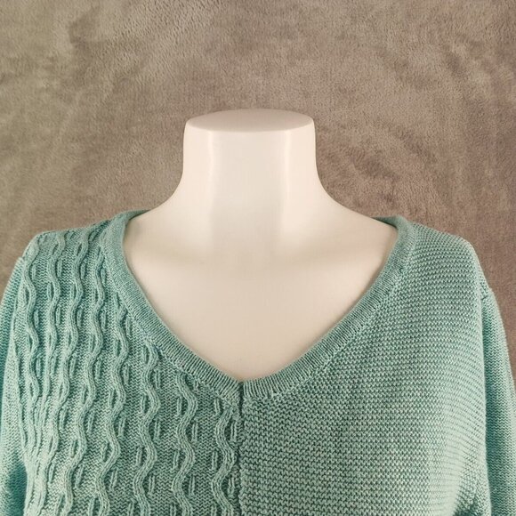 NWT KAREN SCOTT Textured Patchwork Sweater MEDIUM(8-10) Teal Aqua Cotton V-neck - Picture 4 of 12
